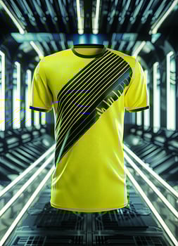 A yellow jersey with black stripes, showcased in a modern, sleek environment photo