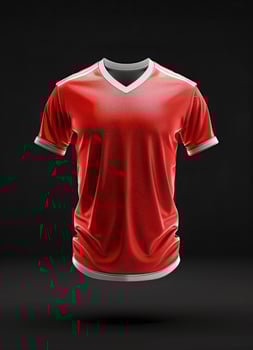 Red t-shirt mockup with a v-neck and white trim, perfect for designing photo