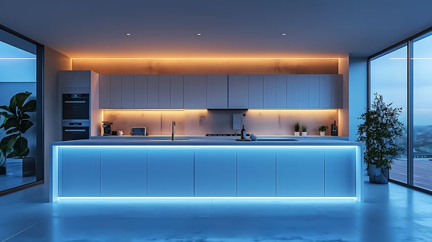 Minimalist White Kitchen with Modern Appliances and Copy Space for Text, 8K Photorealistic Image photo