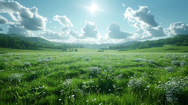 Serene Green Meadow under Clear Blue Sky - Nature Background with Copy Space, 8K Photorealistic Quality photo