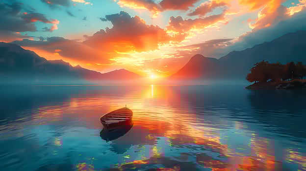 Serene Sunset Scenery Stunning 8K Landscape of Calm Lake, Majestic Mountains, and Colorful Skyline for Text Overlay photo
