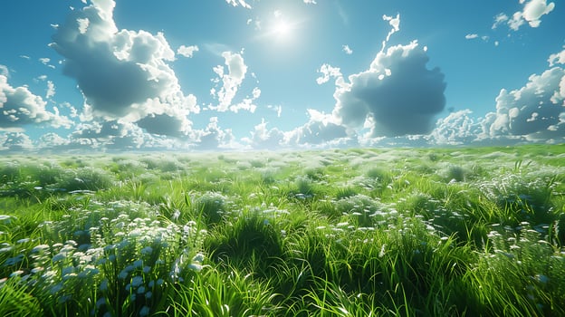 Serene Green Meadow Under Blue Sky - Nature Landscape Background with Extensive Copy Space, Realistic photo