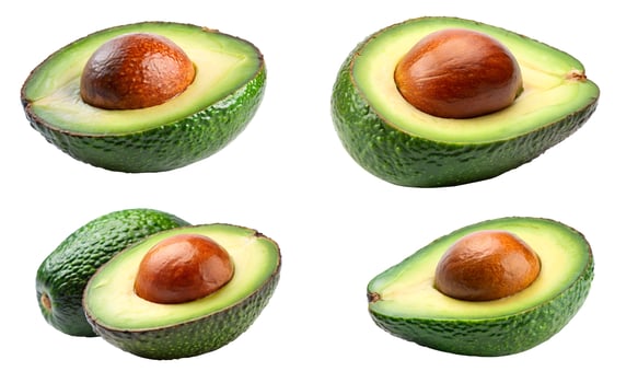 Fresh whole, half, and sliced avocado isolated on a white background. photo