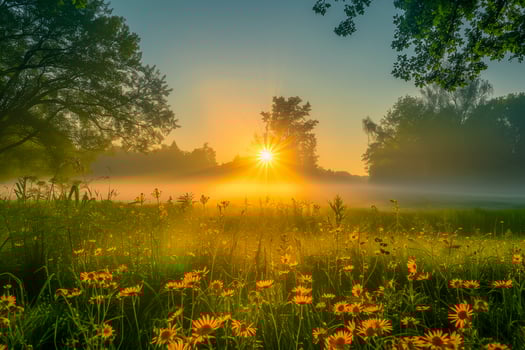 Sunrise illuminating a dewy meadow, symbolizing hope and renewal photo