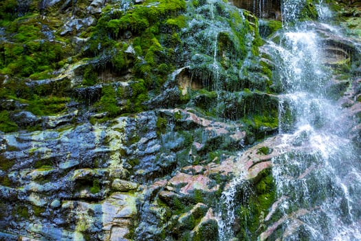 Lush Green Moss Covers Rocks As Waterfall Cascades Down, in Gaspesia, Quebec, Canada photo