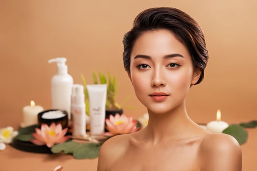 Beautiful young Asian woman with clean fresh skin on beige background, Face care, Facial treatment, Beauty woman healthy skin natural make up, Cosmetology, beauty and spa, Asian women portrait photo