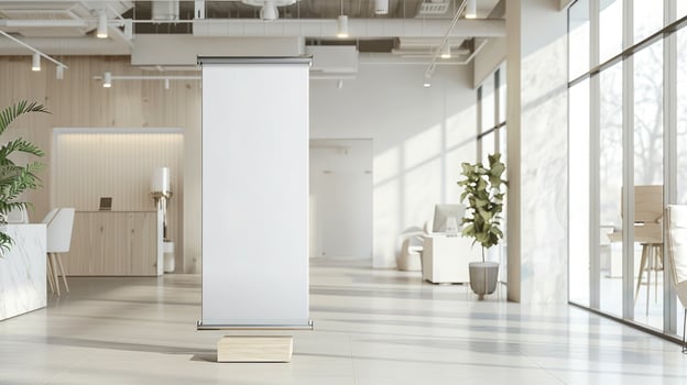 Bright and airy retail store with a sleek roll-up mockup poster, perfect for promotions or product displays, copyspace, minimalist design. Roll up mockup poster photo