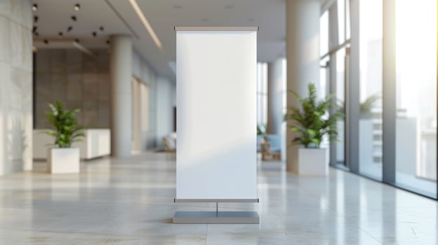 Customizable roll-up mockup poster in a contemporary event space, ideal for showcasing event information or sponsor logos, clean design, minimalism. Roll up mockup poster photo