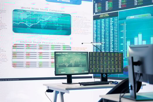 Professional enterprise workstation inside multinational company control room, monitoring budget numbers and organizational expansion progress. Empty management office space. photo