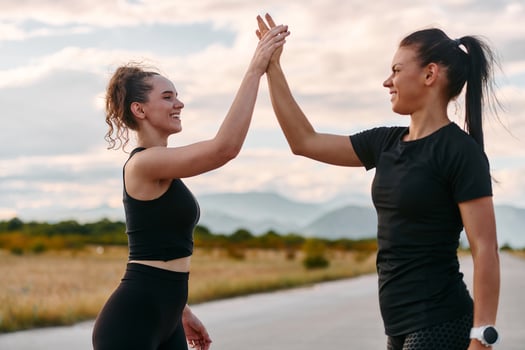 Morning Success Friends Shake Hands After Successful Run. photo