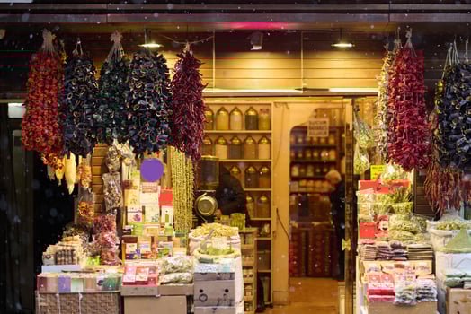 The dried marzipans hang in the shop photo