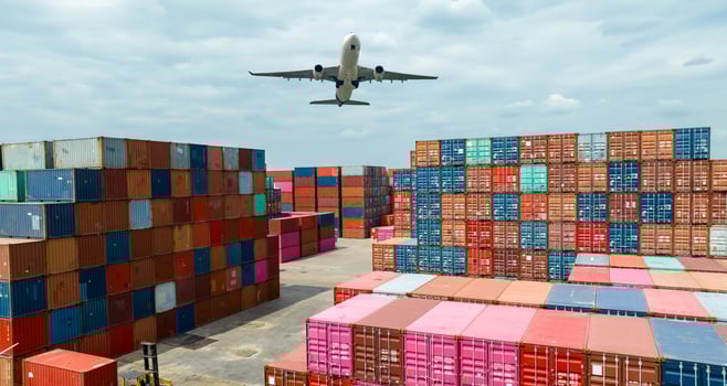 Airplane flying above container logistic. Container crisis. Freight transportation. Logistic industry. Container ship for export logistics. Container at the harbor for truck transport. Air transport. photo