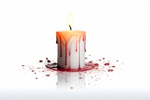 Pillar wax candle isolated on white background. Running red orange wax. The candle is burning. photo