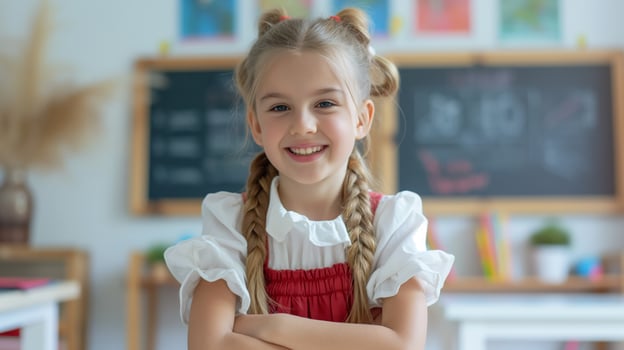 Smiling Polish Schoolgirl in Classroom Setting, Education Concept for Back to School, Poster, and Print Design photo