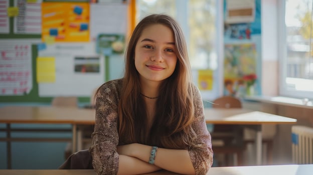 Smiling Russian High School Girl in Classroom, Education, Learning Environment, Diverse Students, Youth and Teens photo