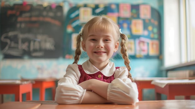 Smiling Russian Schoolgirl with Braids, Sitting at Classroom Desk, Childhood Education, Candid Portrait for Print, Posters photo