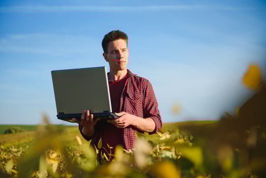 Young farmer in filed examining soybean corp at sunset. photo
