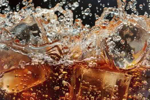 An invigorating soda or cola with ice cubes, splashing and bubbling, ideal for summer festivities or celebrations photo