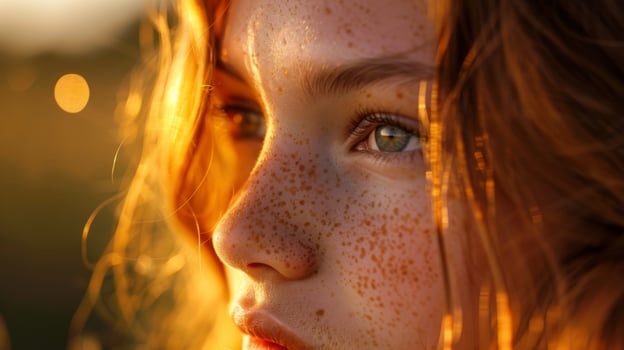 Teenage girl with freckles, catching the last rays of sunset. Evening light, beauty of freckled skin photo