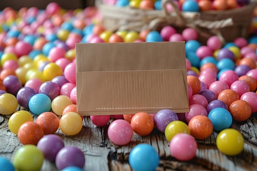 Easter Candy Background with Brown Card for Message - Colorful Candy Balls on Wooden Surface for Holiday Design photo