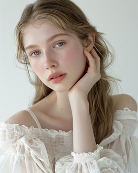 Young woman with fair skin and long blonde hair, wearing white off shoulder blouse, poses thoughtfully with her hand resting on her face, European female model photo
