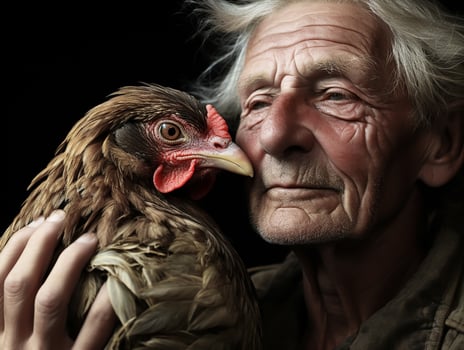 Portrait of a moment of affection between an elderly farmer man and his chicken. Care and attention. Domestic and farm animals photo