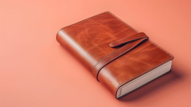 Elegant classic leather journal on a serene soft coral background, ideal for creative copyspace photo