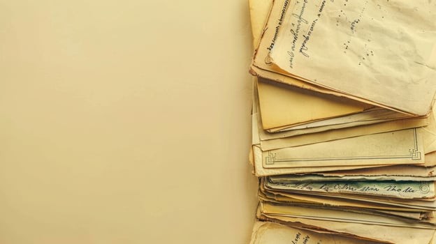 Stack of vintage letters on a pale yellow background with ample copyspace, evoking nostalgia and charm photo