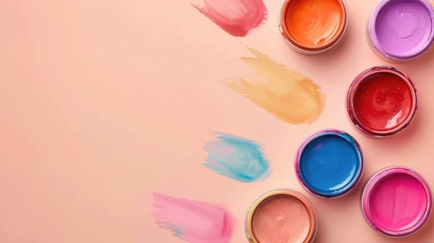 Artistic set of watercolor paints on a light peach background with abundant copyspace photo