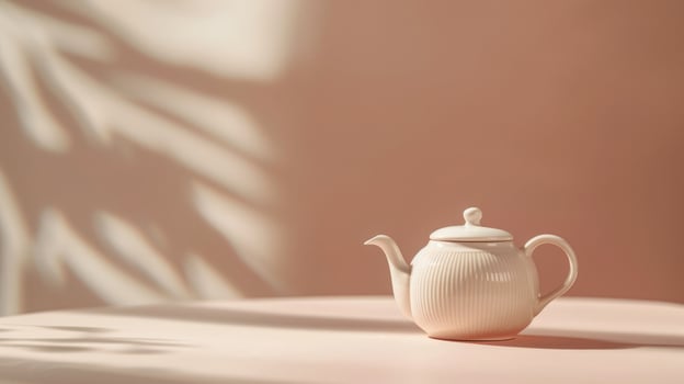 Artistic delicate teapot on a light apricot background with abundant copyspace photo