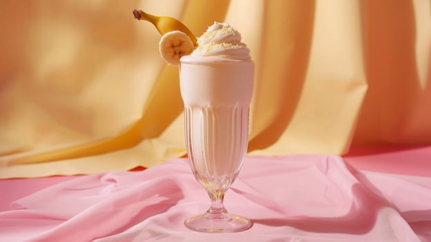 Tasty milkshake with banana and whipped cream, empty pastel background photo