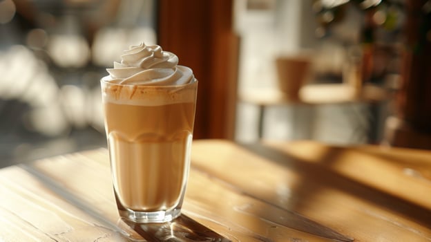 Tasty milkshake with chocolate and whipped cream, empty pastel background photo