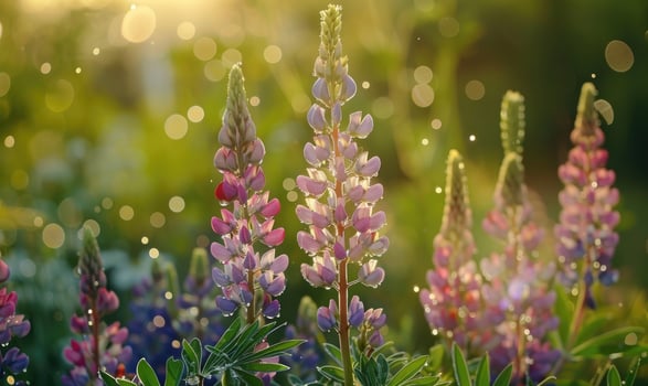 Lupines under the rain with bokeh light photo