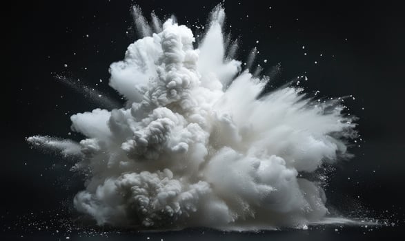Powder explosion creating a white cloud on black background photo