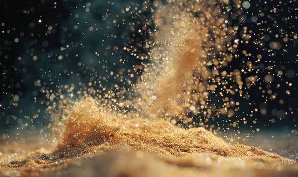Sand explosion, golden grains dispersing on black background photo