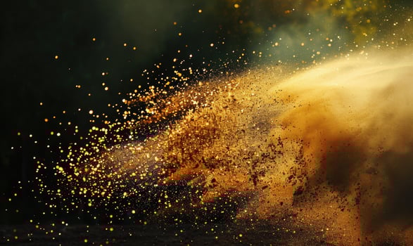 Sand explosion, golden grains dispersing on black background photo