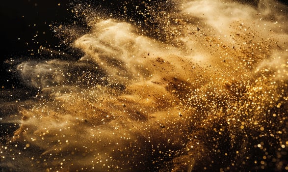 Sand explosion, golden grains dispersing on black background photo