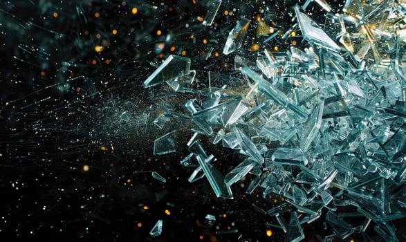 Detailed image of shattered glass, glass fragments on black background closeup photo