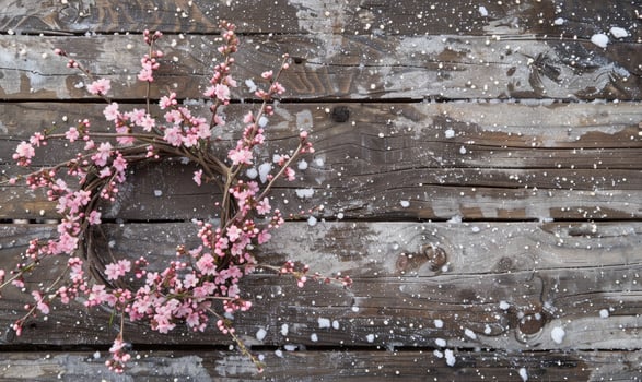 Delicate pink cherry blossom wreath in the snow on wooden background photo
