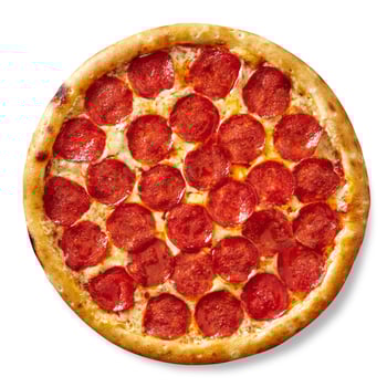 Spicy pepperoni pizza with sausage, tomato sauce and mozzarella cheese isolated on white photo
