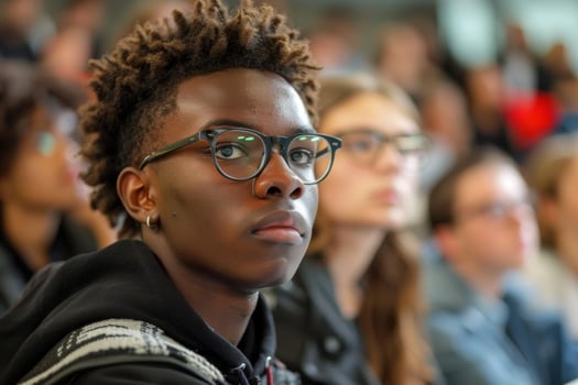 Young man with glasses and afro looking at camera photo