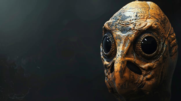 A close-up shot of a man-made creatures face model photo