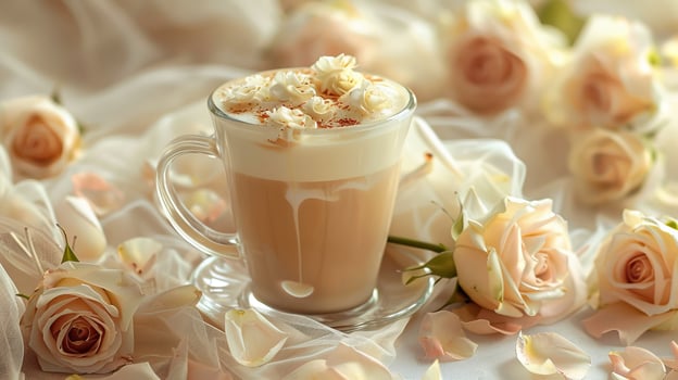 A tasty coffee in a beautiful cup in a boho interior, realistic photo