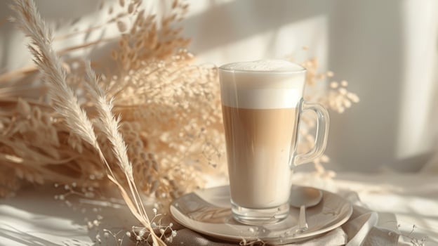A tasty coffee in a beautiful cup in a boho interior, realistic photo