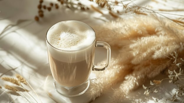 A tasty coffee in a beautiful cup in a boho interior, realistic photo