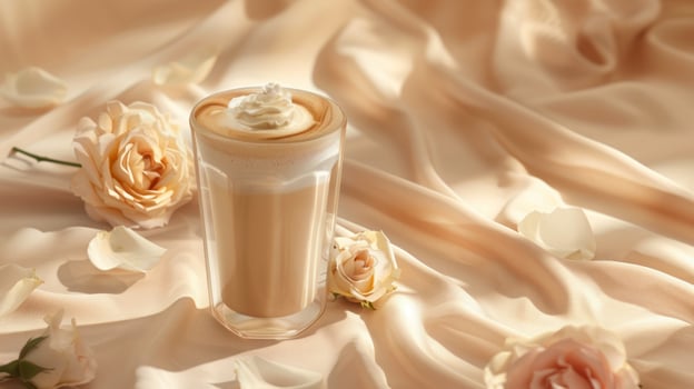 A tasty coffee in a beautiful cup in a boho interior, realistic photo