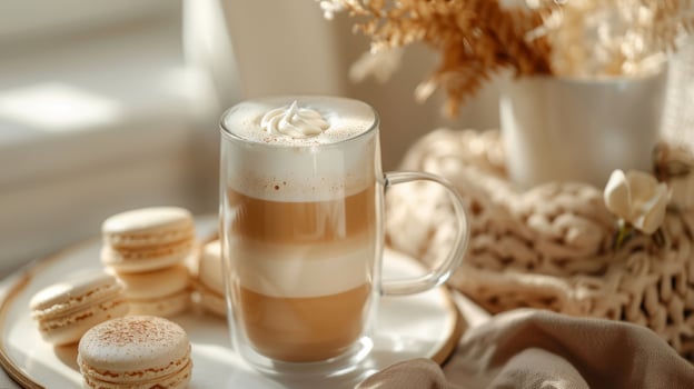 A tasty coffee in a beautiful cup in a boho interior, realistic photo