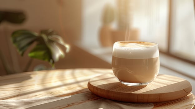 A tasty coffee in a beautiful cup in a boho interior, realistic photo