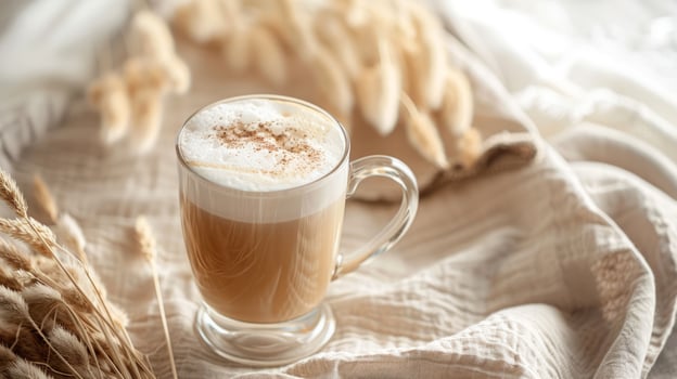 A tasty coffee in a beautiful cup in a boho interior, realistic photo