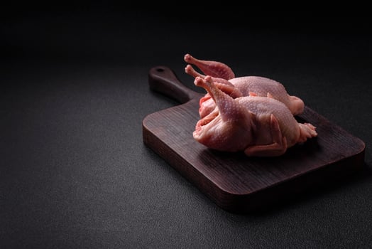 Whole raw quails with salt, spices and herbs on a dark concrete background photo